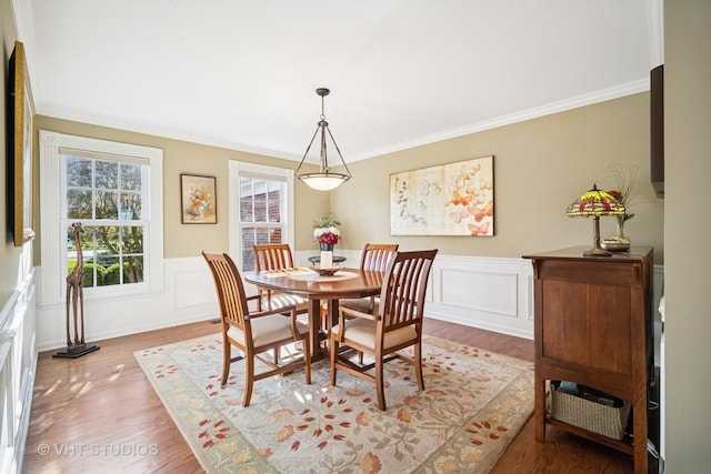 dining room featuring ornamental molding, wainscoting, a decorative wall, and wood finished floors