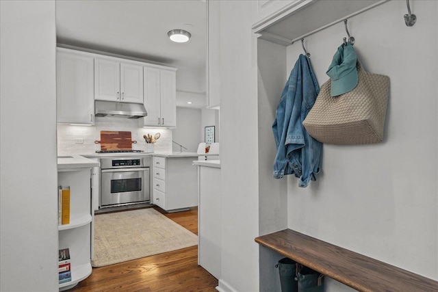 2341 Lincolnwood Dr, Evanston, IL 60201 - kitchen with stainless steel appliances, dark wood finished floors, backsplash, white cabinetry, and under cabinet range hood