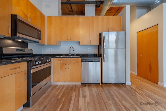 kitchen featuring dark stone countertops, a sink, stainless steel appliances, light wood-style flooring, and baseboards