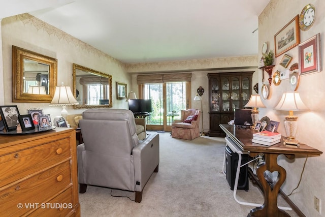living area featuring light colored carpet