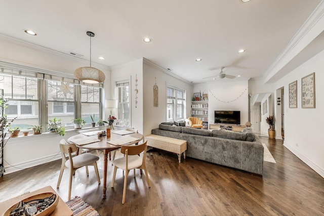 dining space featuring crown molding, a ceiling fan, recessed lighting, and visible vents