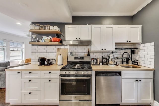 kitchen featuring appliances with stainless steel finishes, a sink, white cabinets, ornamental molding, and under cabinet range hood