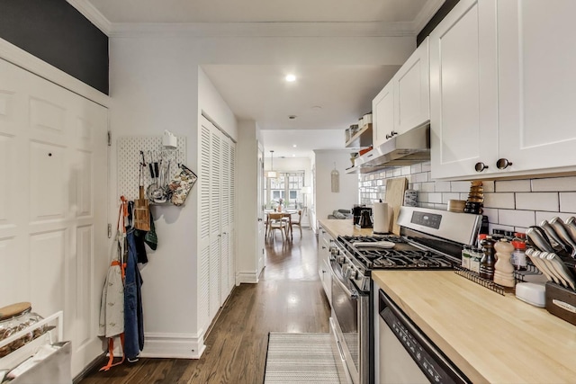 kitchen featuring decorative backsplash, white cabinetry, appliances with stainless steel finishes, and under cabinet range hood