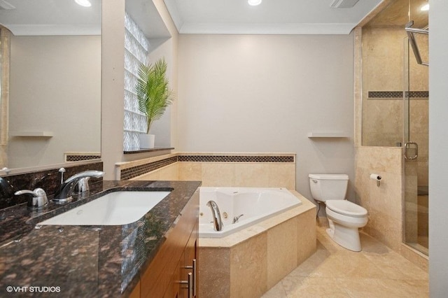 bathroom with toilet, a tub with jets, crown molding, a shower stall, and vanity