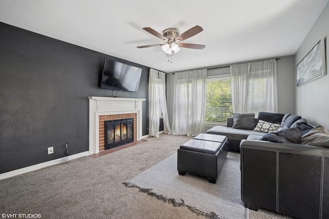 4363 W Kennedy Dr, Gurnee, IL 60031 - carpeted living area with a brick fireplace and a ceiling fan