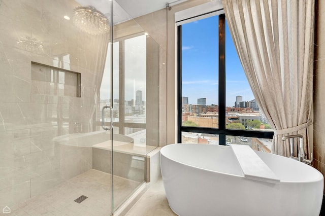 full bathroom featuring a shower stall, a view of city, and a freestanding bath