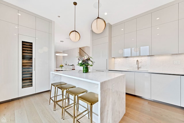 kitchen with light wood finished floors, a sink, and modern cabinets