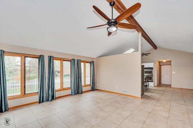 unfurnished living room featuring visible vents, lofted ceiling with beams, baseboards, and ceiling fan
