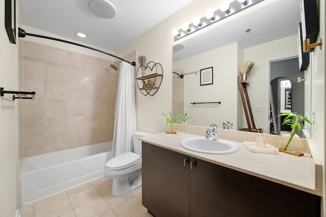 full bathroom with toilet, shower / bathtub combination with curtain, tile patterned flooring, and vanity