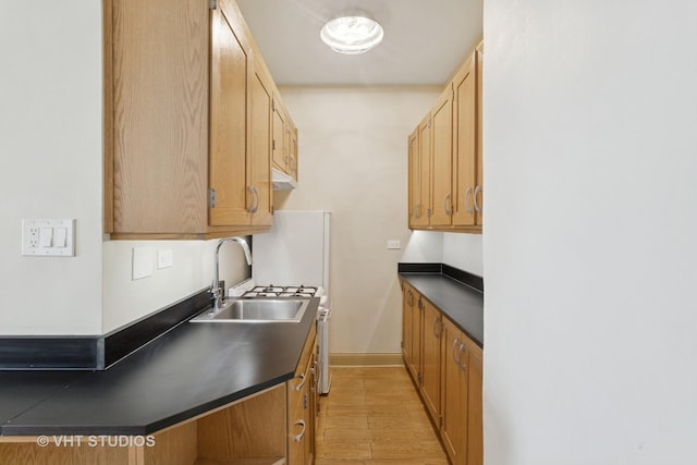 kitchen with baseboards, dark countertops, a sink, and light wood-type flooring