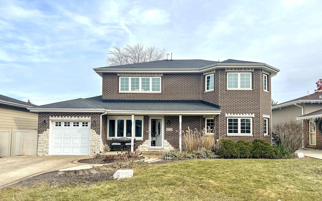 16725 92nd Ave, Orland Hills, IL 60487 - view of front of property featuring an attached garage, concrete driveway, brick siding, covered porch, and a shingled roof
