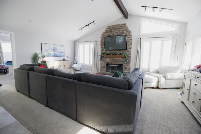 16725 92nd Ave, Orland Hills, IL 60487 - carpeted living area featuring track lighting, healthy amount of natural light, and a stone fireplace
