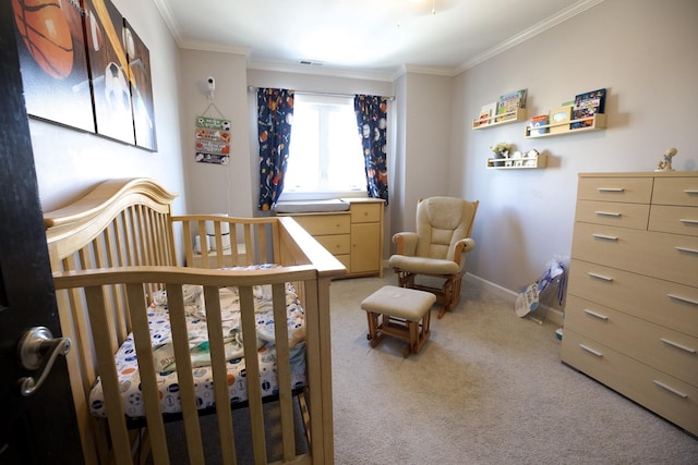 16725 92nd Ave, Orland Hills, IL 60487 - bedroom with light colored carpet, crown molding, a crib, and baseboards