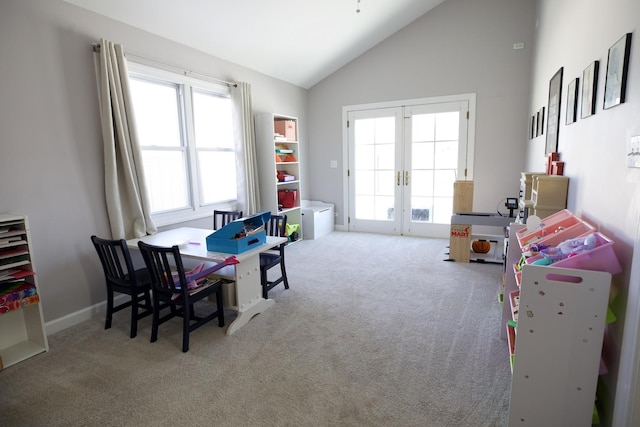 16725 92nd Ave, Orland Hills, IL 60487 - rec room with french doors, carpet flooring, and high vaulted ceiling
