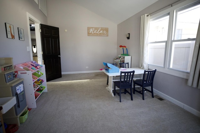16725 92nd Ave, Orland Hills, IL 60487 - dining area with carpet floors, lofted ceiling, and baseboards