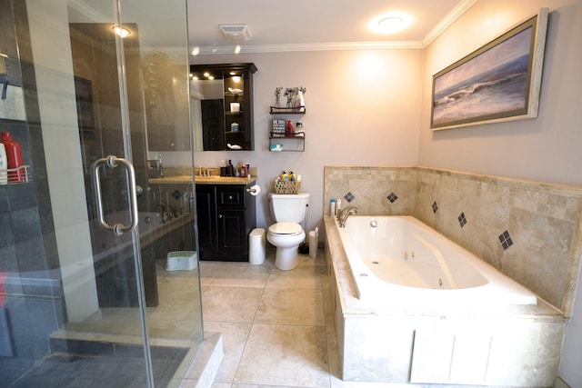 16725 92nd Ave, Orland Hills, IL 60487 - bathroom with toilet, vanity, crown molding, a stall shower, and a tub with jets