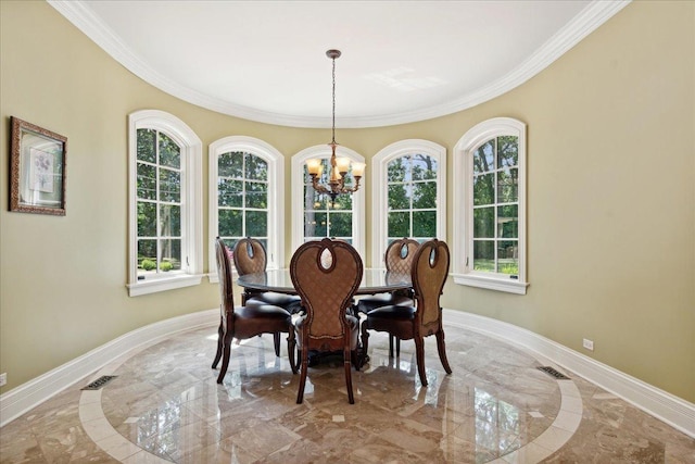dining space with marble finish floor, baseboards, a chandelier, and visible vents