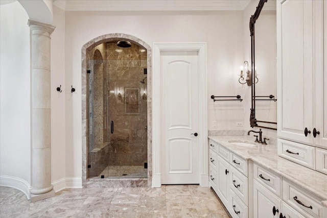 bathroom featuring baseboards, vanity, marble finish floor, and a shower stall