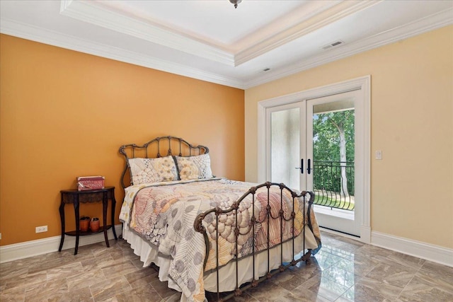 bedroom featuring french doors, visible vents, access to outside, and crown molding