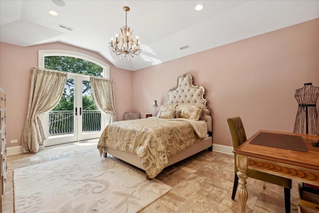 bedroom featuring lofted ceiling, an inviting chandelier, visible vents, french doors, and access to outside