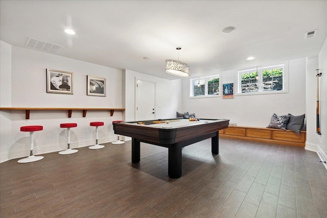 playroom featuring wood finished floors, visible vents, baseboards, and billiards