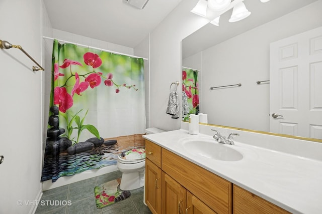 full bath with toilet, a shower with shower curtain, tile patterned floors, visible vents, and vanity