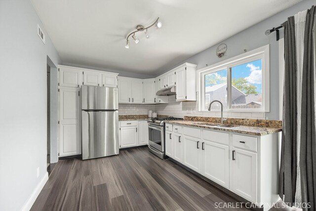516 Gardiner Ct, Romeoville, IL 60446 - kitchen with appliances with stainless steel finishes, a sink, light stone countertops, under cabinet range hood, and dark wood finished floors