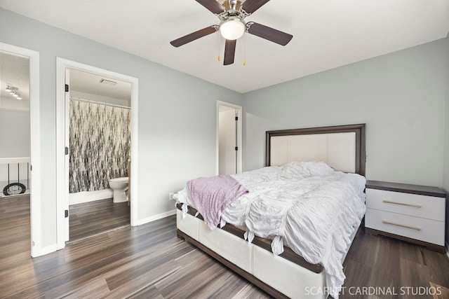 516 Gardiner Ct, Romeoville, IL 60446 - bedroom featuring wood finished floors, baseboards, a ceiling fan, and ensuite bathroom