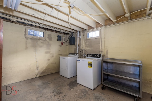 basement with washing machine and dryer and electric panel