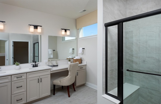 274 Branson Dr, Batavia, IL 60510 - full bath with double vanity, a stall shower, a walk in closet, tile patterned flooring, and baseboards