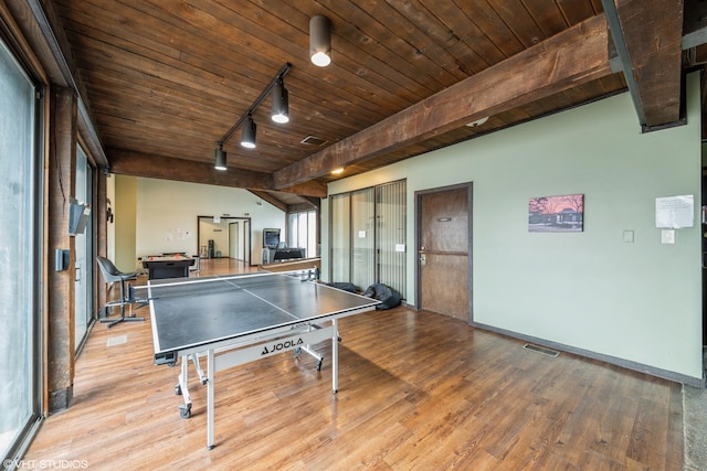 2005 S Finley Rd Unit 611, Lombard, IL 60148 - game room with rail lighting, wood finished floors, baseboards, and wood ceiling with exposed beams