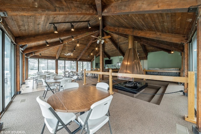 2005 S Finley Rd Unit 611, Lombard, IL 60148 - carpeted dining space featuring wooden ceiling, rail lighting, a sunroom, and ceiling fan