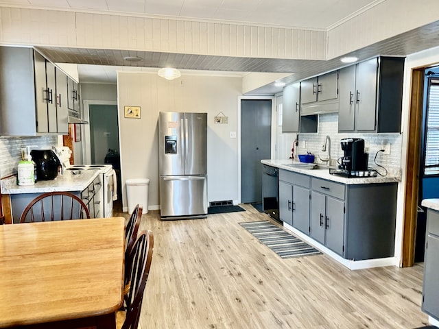kitchen featuring white electric stove, a sink, stainless steel fridge with ice dispenser, gray cabinets, and dishwasher