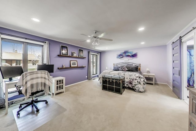 bedroom featuring carpet floors, a ceiling fan, recessed lighting, and a barn door