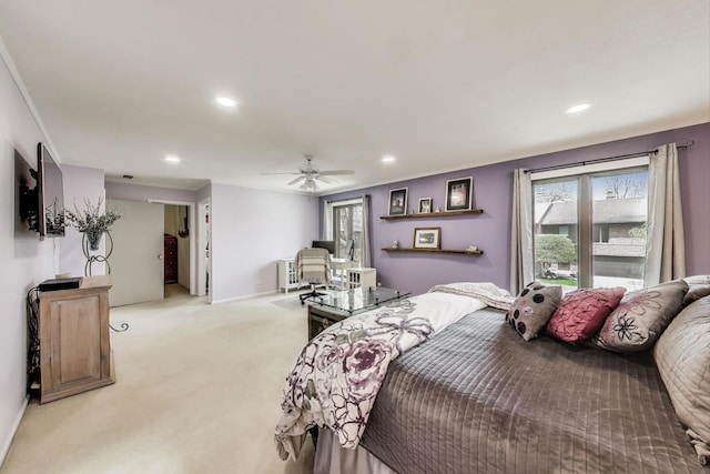 bedroom with baseboards, light carpet, and recessed lighting