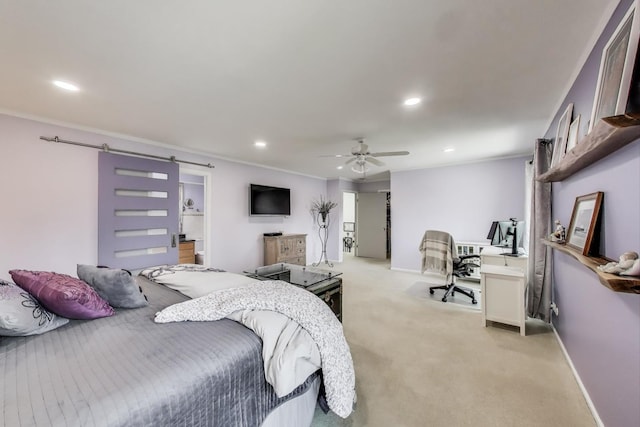 bedroom featuring recessed lighting, baseboards, crown molding, and light carpet