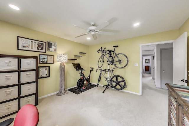workout room with carpet floors, recessed lighting, baseboards, and ceiling fan