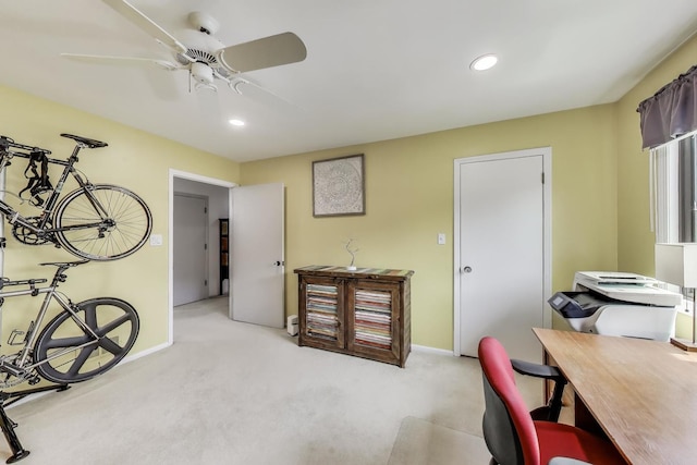 home office featuring recessed lighting, baseboards, and light colored carpet