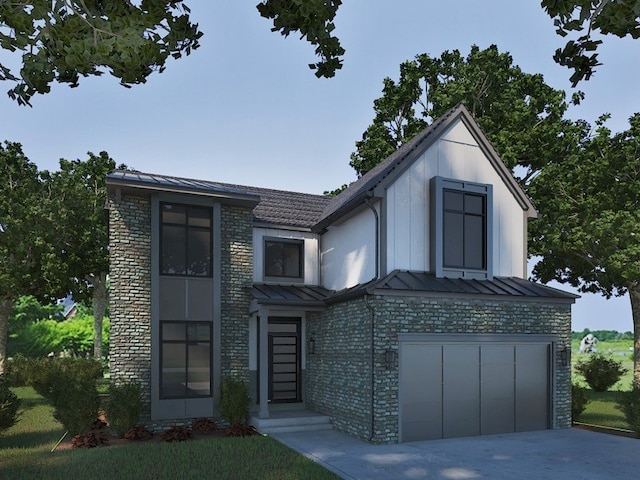 modern farmhouse featuring an attached garage and driveway