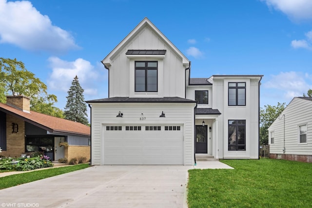 modern farmhouse style home featuring a garage, driveway, board and batten siding, a front yard, and roof with shingles