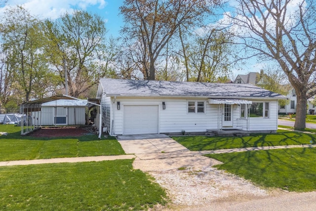 ranch-style home with an attached garage, a front lawn, and concrete driveway