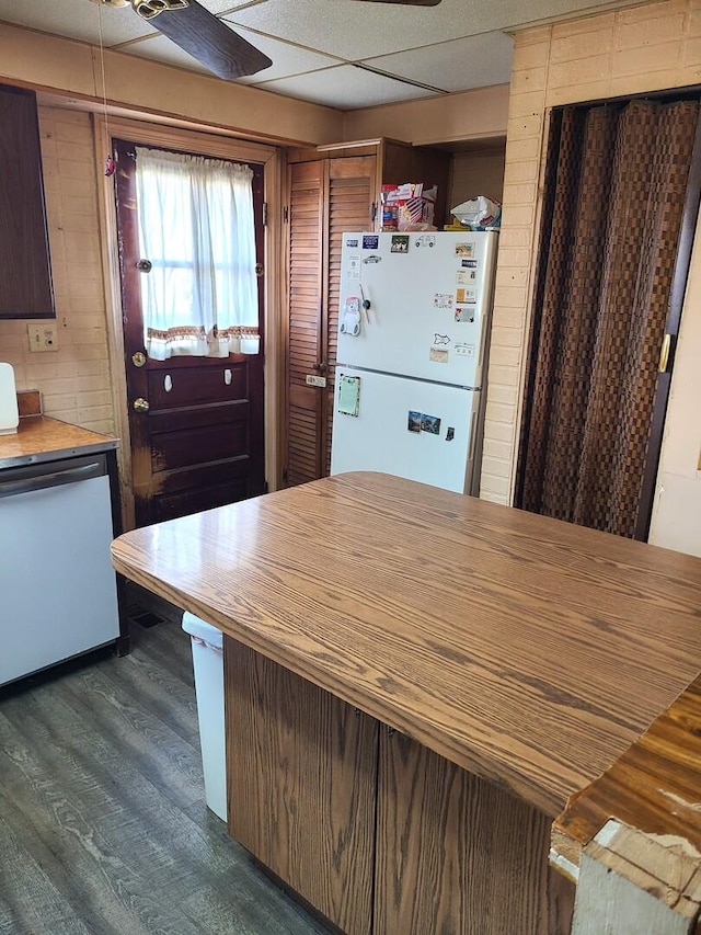 128 Whitehall Ave, Northlake, IL 60164 - kitchen featuring wood counters, freestanding refrigerator, dark wood-type flooring, and dishwashing machine