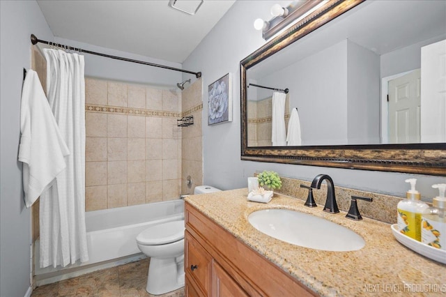 full bath with vanity, toilet, and shower / tub combo with curtain