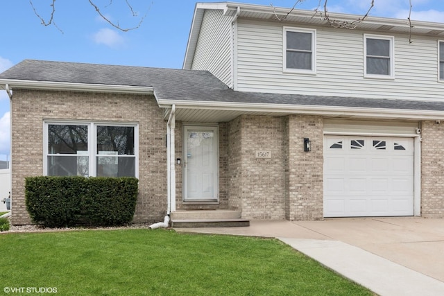 view of front of house with an attached garage, brick siding, a shingled roof, and a front lawn
