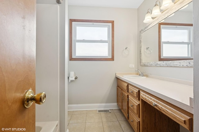 bathroom with plenty of natural light, visible vents, tile patterned flooring, and vanity