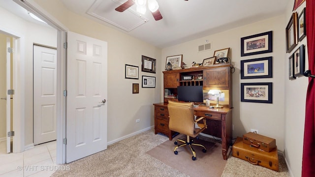 196 Tyler Ct, Lake Zurich, IL 60047 - office with a ceiling fan, baseboards, light carpet, and attic access