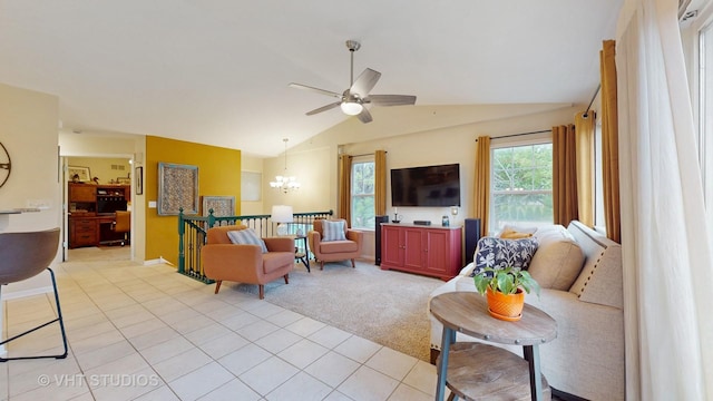196 Tyler Ct, Lake Zurich, IL 60047 - living room featuring vaulted ceiling, light tile patterned flooring, ceiling fan, a chandelier, and light carpet