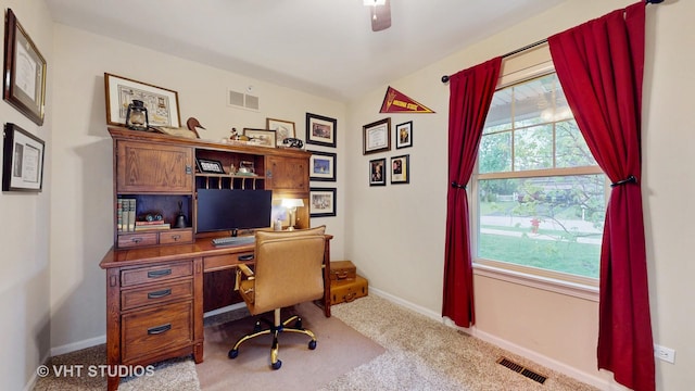 196 Tyler Ct, Lake Zurich, IL 60047 - carpeted home office with baseboards and a ceiling fan