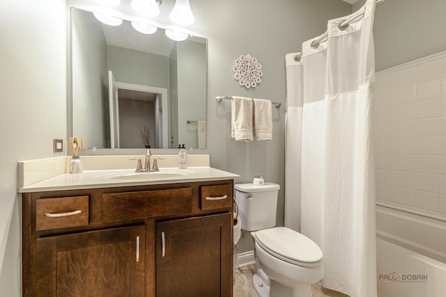bathroom with shower / bath combo, toilet, and vanity