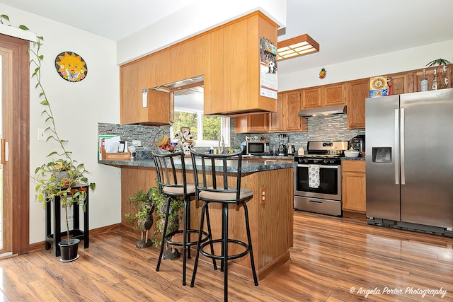 kitchen with a peninsula, stainless steel appliances, tasteful backsplash, and light wood-style flooring